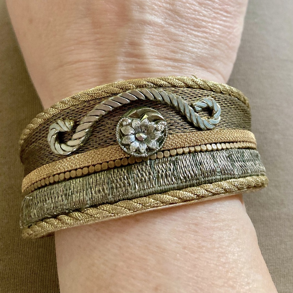 Handmade Leather Metal Satin Cord Open Cuff Bracelet Art Unique Metallic Fashion